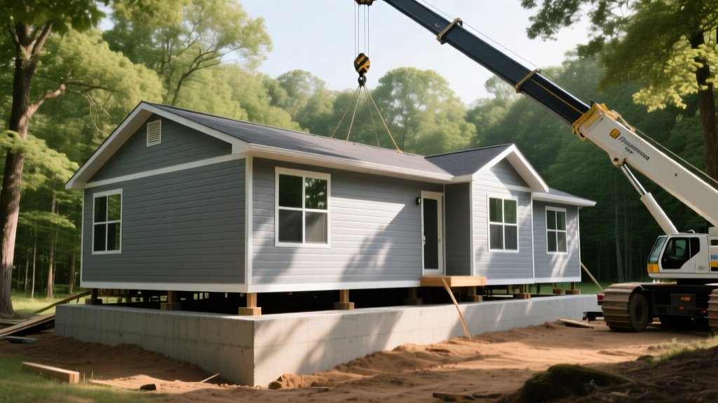Modern double-wide manufactured home with gray vinyl siding being craned onto a reinforced concrete crawl space foundation in a wooded lot