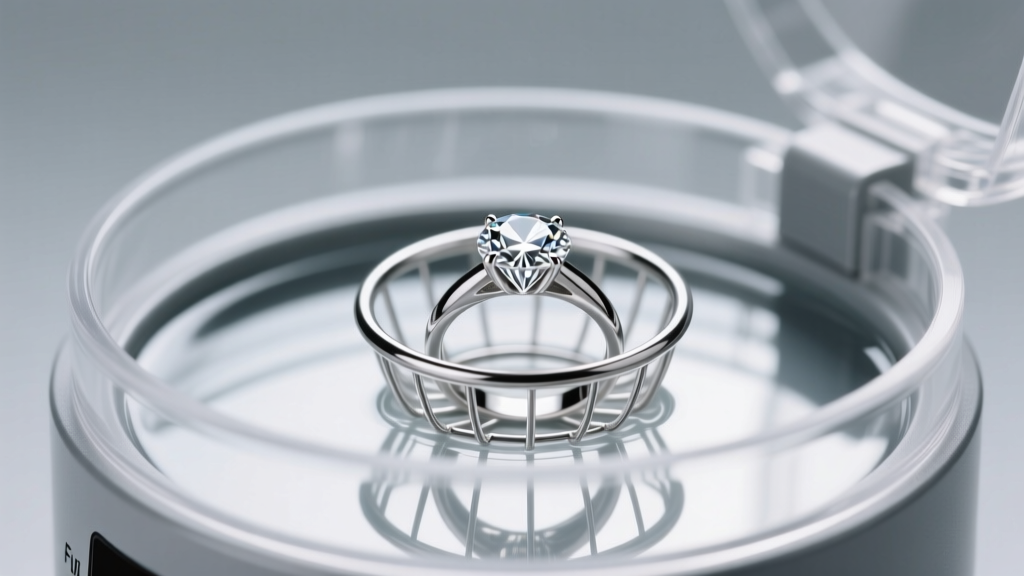 Ultrasonic jewelry cleaner tank holding a platinum diamond ring in a metal basket, illuminated by bright, clean studio lighting.