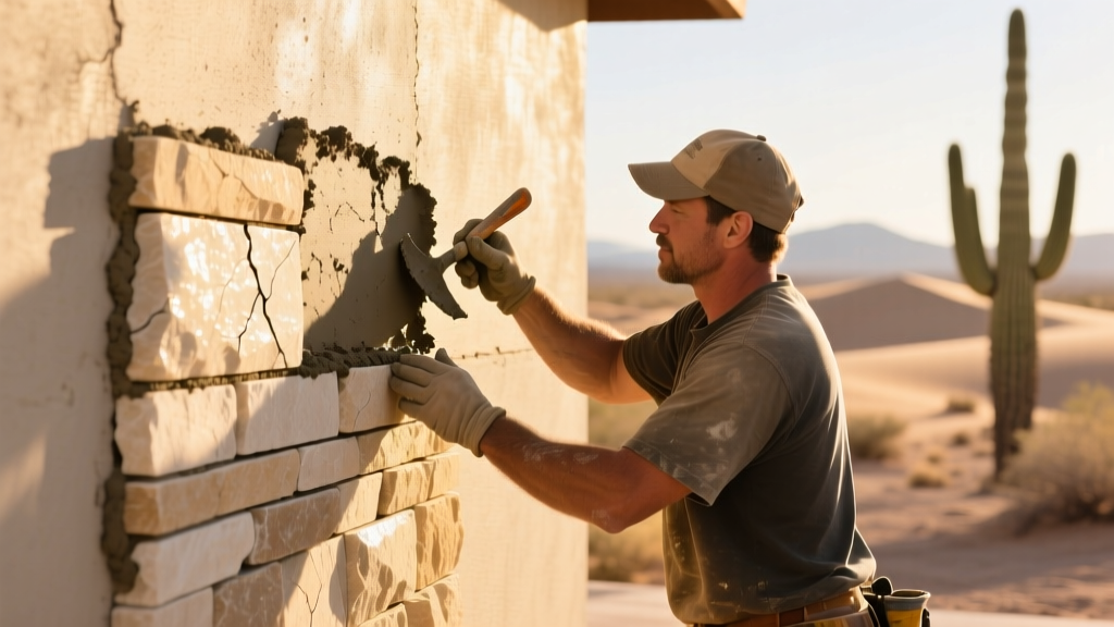 Mason applying wet Type S mortar to a stuccoed wall installing stacked limestone veneer under bright Arizona desert sunlight
