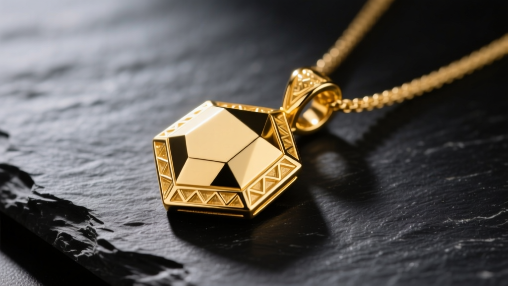 Macro shot of a solid 14k yellow gold mens geometric pendant on dark slate, highlighting rich metallic luster and crisp details.