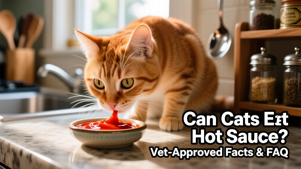 Close-up of a curious cat sniffing a small dish of red hot sauce on a kitchen counter
