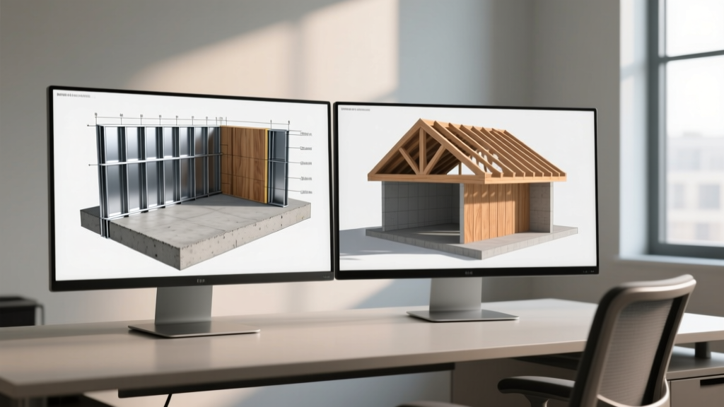 3D BIM model on a dual-monitor setup showing cold-formed steel wall panels intersecting with a concrete slab and wood truss roof