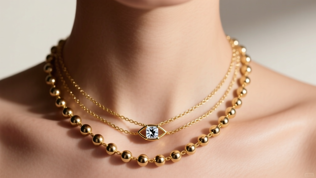 Close-up of a neck featuring a layered 14k gold vermeil Melinda Maria bauble chain and a small cubic zirconia eye pendant.