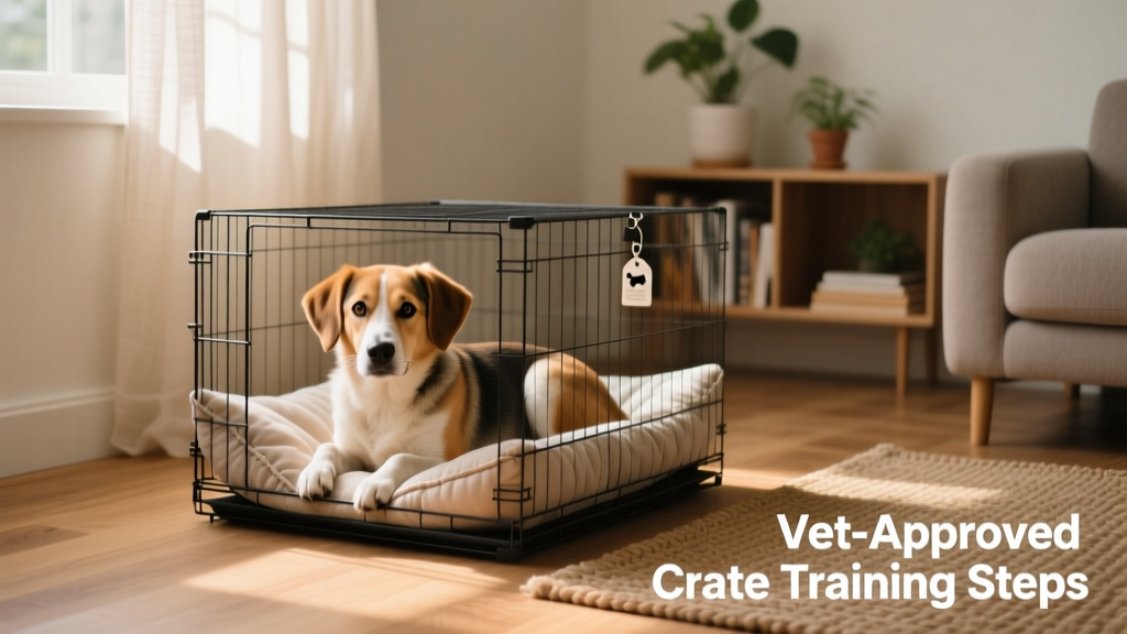 A calm, medium-sized dog resting comfortably inside a well-padded wire crate in a quiet living room corner