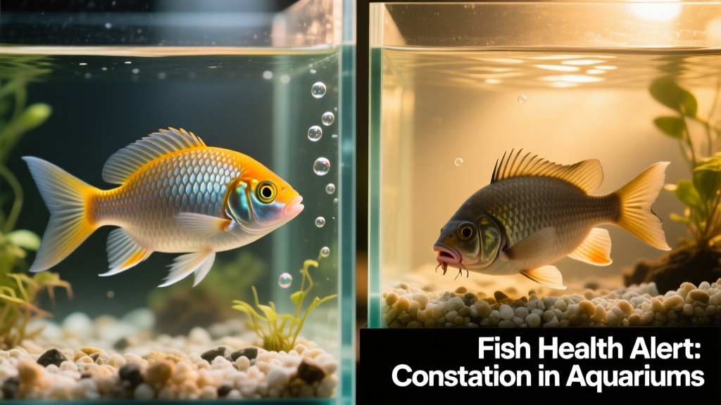 Side-by-side comparison: healthy fish swimming normally versus a constipated fish struggling to maintain position in water
