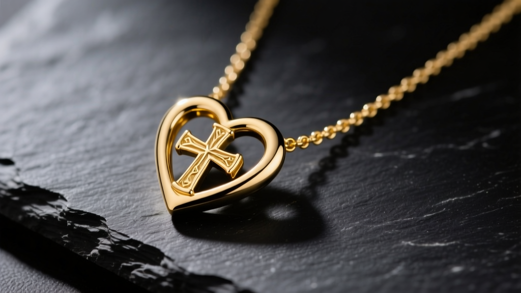 Macro photo of a polished 14k yellow gold heart with cross inside necklace on dark slate, highlighting the intricate negative space.