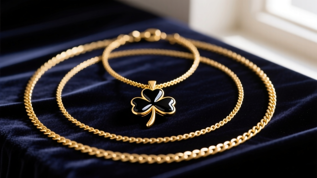 Styled flat lay of three layered gold chains highlighting a central gold necklace with 4 leaf clover onyx pendant on dark velvet