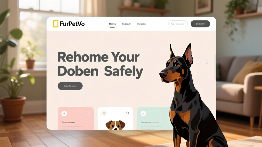 Screenshot-style graphic showing the FurPetVo homepage with 'Rehome Your Doberman Safely' headline and clean interface
