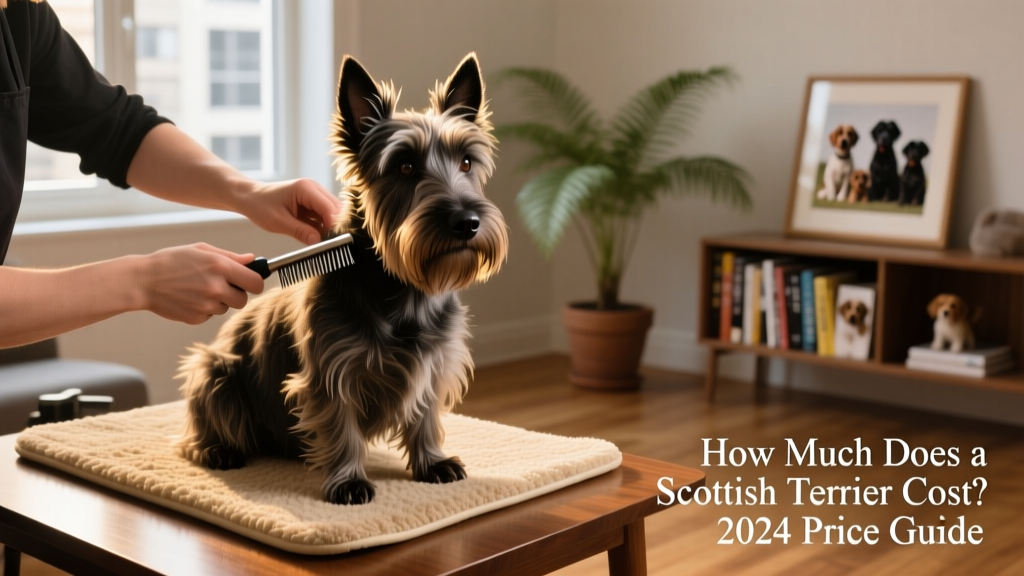 A Scottish Terrier receiving a professional grooming session, showing off its signature wiry coat and expressive eyes