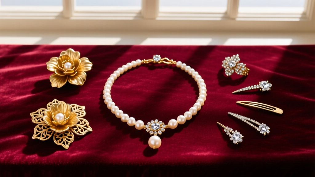Overhead flatlay of 1980s Avon vintage jewelry including gold-tone floral brooches and faux pearl necklaces on velvet