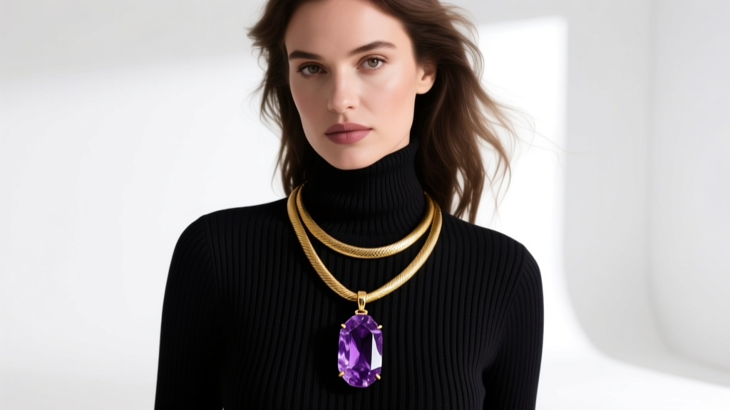 Woman wearing a 20-inch raw amethyst pendant layered with a 16-inch gold snake chain over a dark, ribbed black turtleneck sweater.