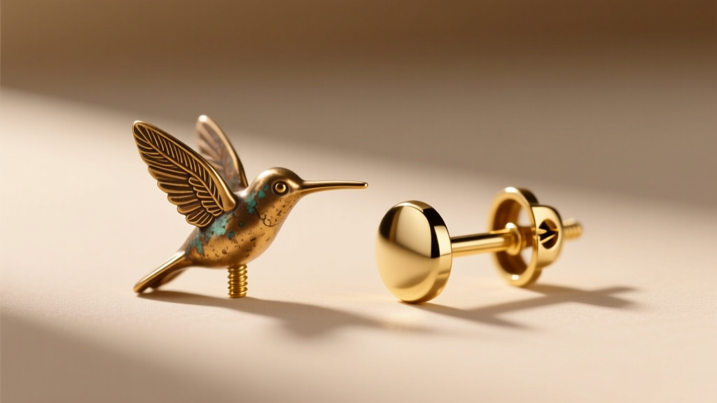 Tarnished brass hummingbird earring post beside a polished 18-gauge solid 14k gold post featuring a secure screw-back clutch