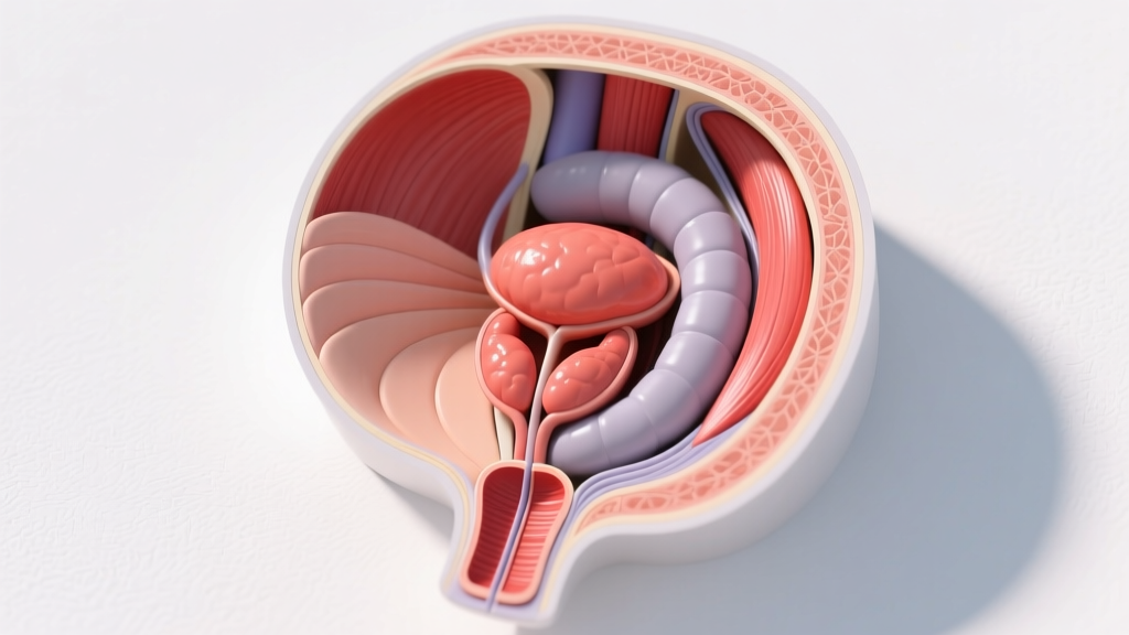 Anatomical diagram showing the proximity of the prostate gland to the pelvic floor muscles and rectum for safe tool placement.