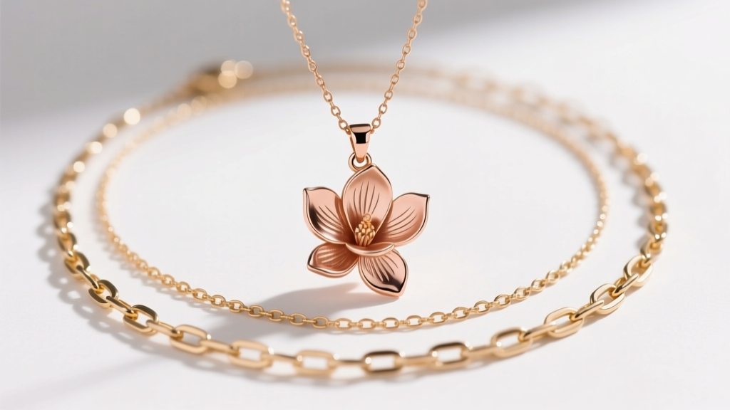 Layered necklaces featuring a rose gold magnolia pendant on a 16-inch chain paired with a 14-inch gold paperlink chain