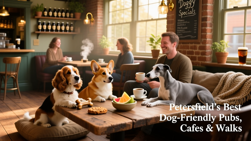 Dogs enjoying treats and relaxing in a warm, dog-friendly pub interior