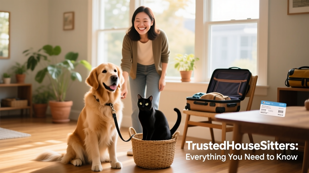Happy pet owner and sitter smiling together beside a well-cared-for dog and cat, symbolizing trust and partnership
