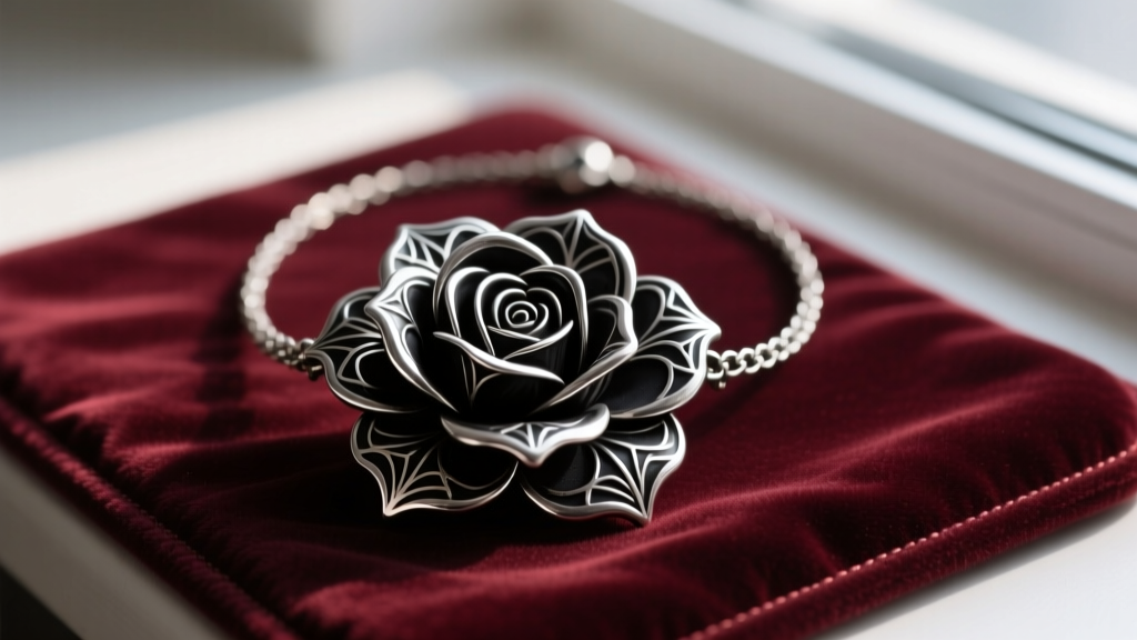 Close-up of a dark oxidized sterling silver arcane rose necklace with black enamel petals resting on a velvet jewelry repair mat