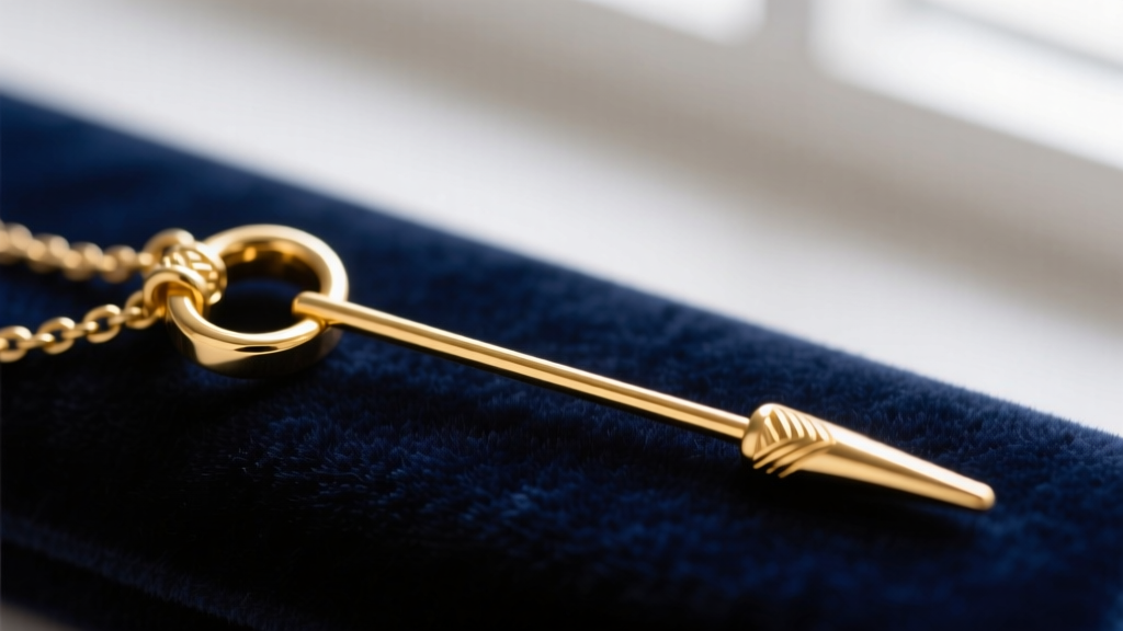 Macro shot of a gold stick pin necklace on velvet, showing the soldered bail joint, tapered stem, and secure friction clutch.