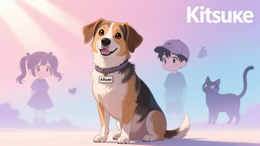 A playful dog sitting in front of an anime-style backdrop with soft pastel colors and subtle character silhouettes