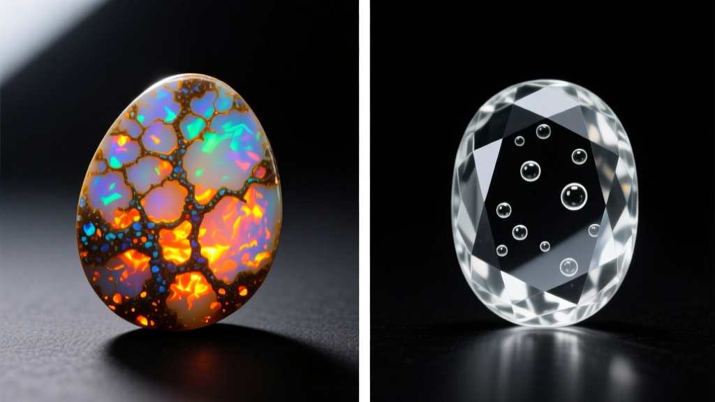 Side-by-side gemological microscope view showing natural inclusions in genuine Mexican fire opal versus flawless synthetic glass