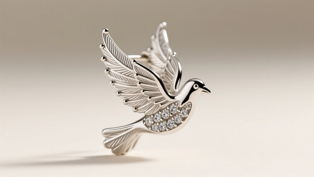 Close-up of a platinum dove motif hope earring showing micro-prong setting details on wings, illuminated by soft studio lighting.