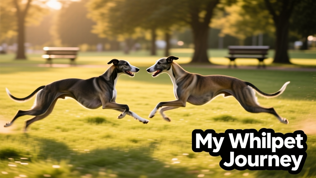 Two Whippets sprinting side-by-side across a grassy field at a dog park