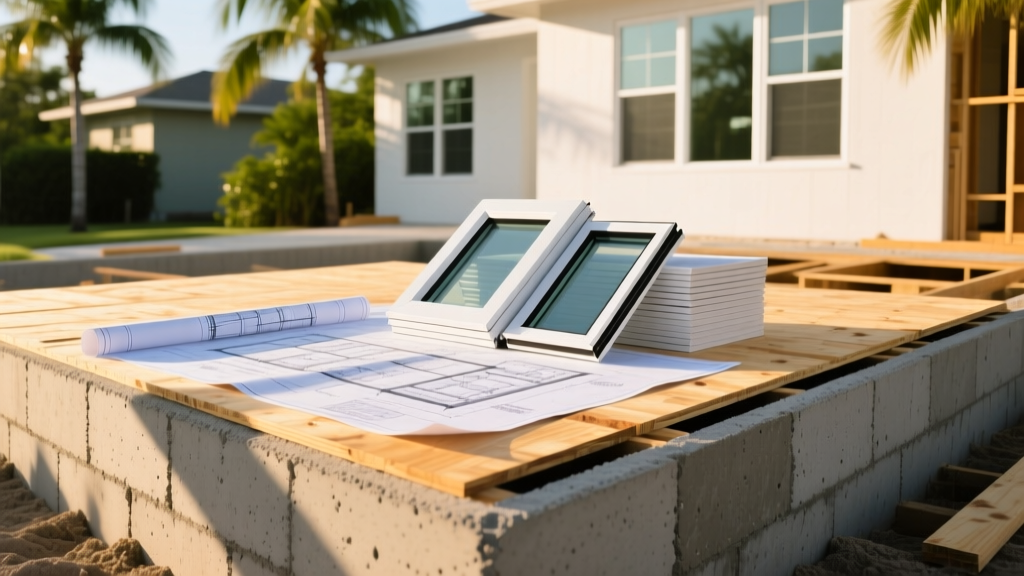 Blueprints on plywood beside a concrete block foundation and stacked impact windows at a sunny Florida residential construction site