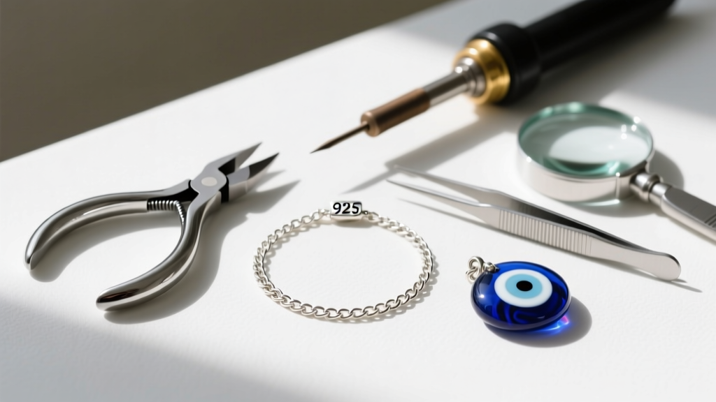 Flat lay of jewelry repair tools, round-nose pliers, and a 925 sterling silver box chain next to an authentic evil eye amulet.