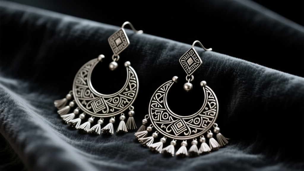 Oxidized silver jhumka earrings inspired by regional cinema resting on dark velvet fabric under dramatic and moody studio lighting