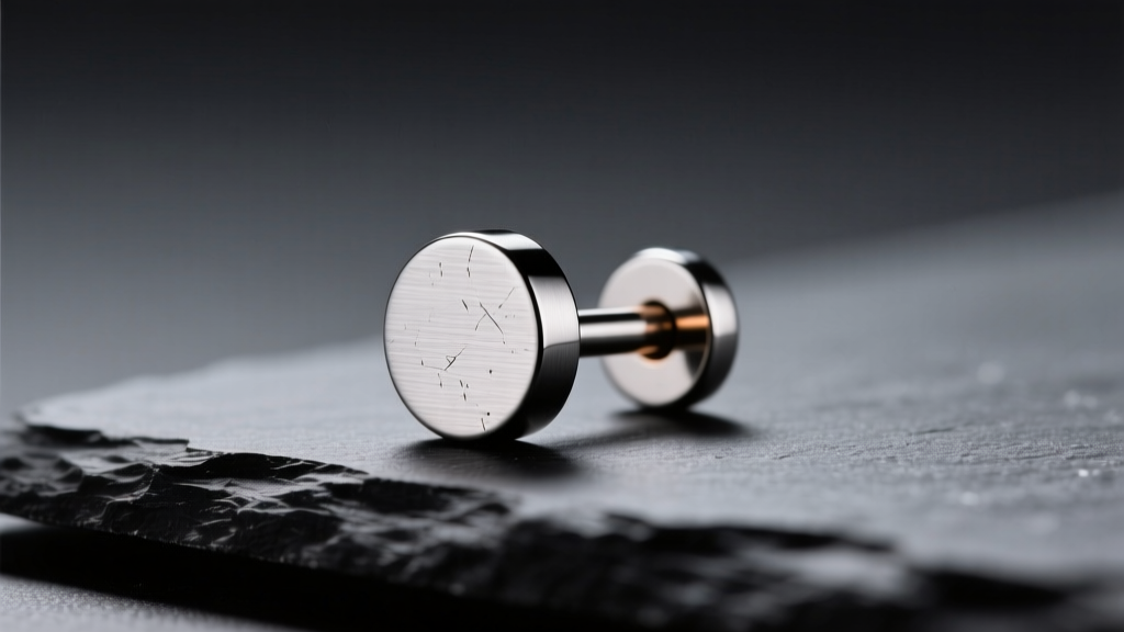 Macro shot of a 16-gauge implant-grade titanium flat-back labret earring resting on dark slate under soft, directional lighting.