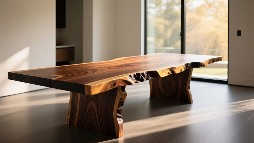 Thick live-edge black walnut dining table showing mortise and tenon joinery and rich grain in a sunlit modern dining room