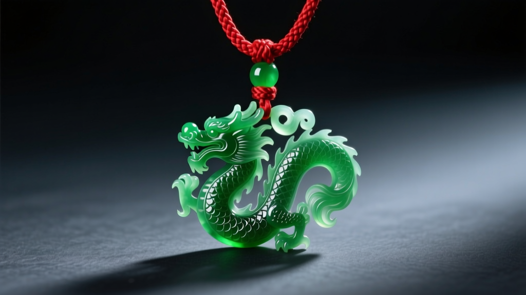 Elegant Type A imperial green jadeite Chinese dragon pendant hanging from a woven red silk cord against a dark slate background