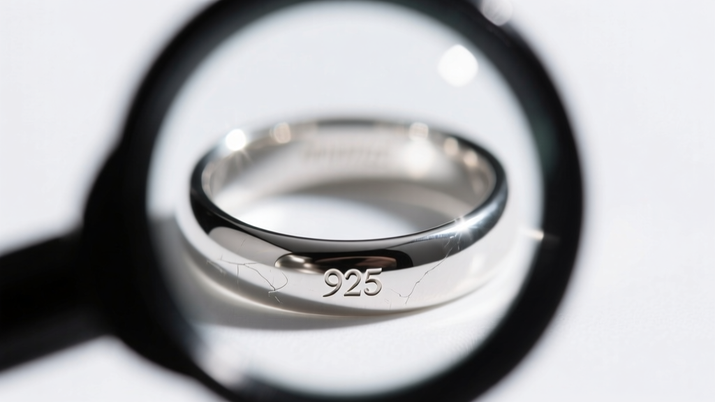 Close-up of a jewelers loupe magnifying a tiny 925 hallmark stamped on the inner band of a polished sterling silver ring.