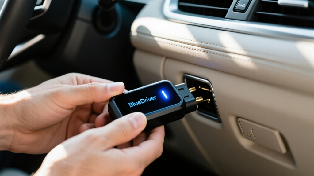 Close-up of a man's hands plugging a BlueDriver OBD2 scanner into the diagnostic port under the steering wheel of a modern SUV