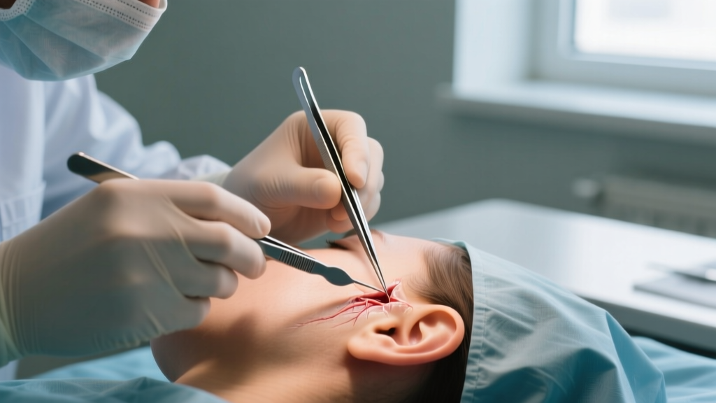 Dermatologist using fine surgical tweezers and scalpel during a lobuloplasty to remove the epithelialized tract of a torn earlobe