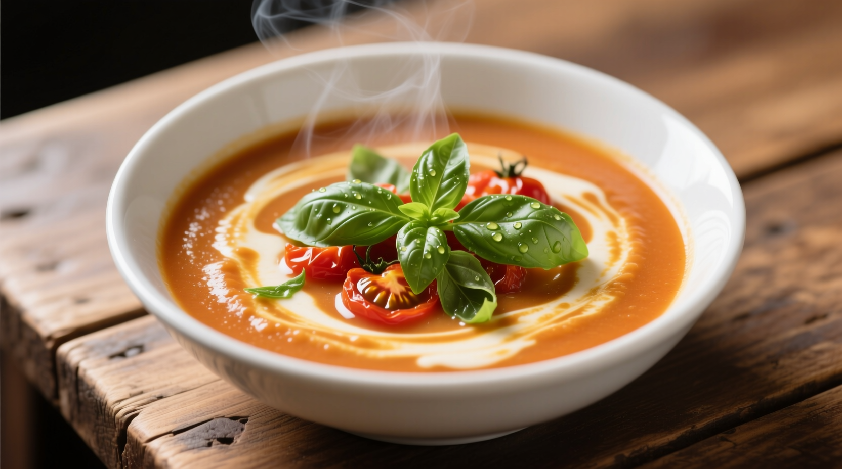 Creamy roasted tomato soup with fresh basil garnish in white bowl
