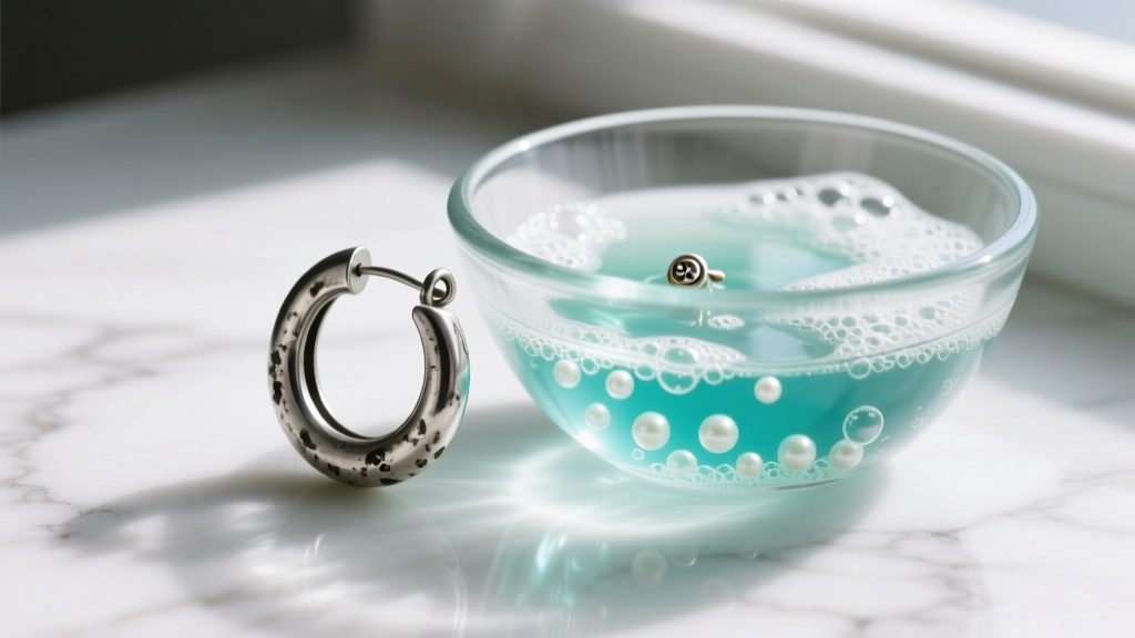 Tarnished 925 sterling silver huggie hoop earring resting next to a glass bowl of foaming earring cleaner solution on a white marble surface