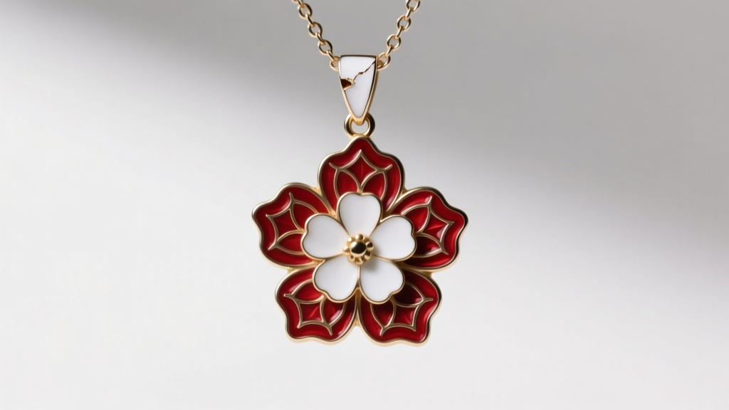 A damaged guilloché enamel flower pendant on a lariat chain, showing a small chip on the white petal edge near the jump ring