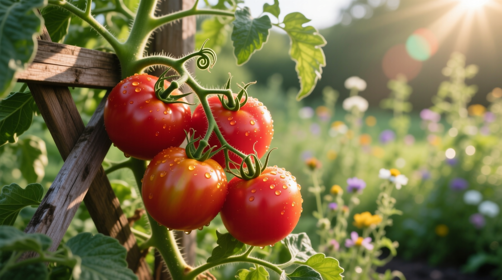 Ripe emperor tomatoes on vine in garden setting