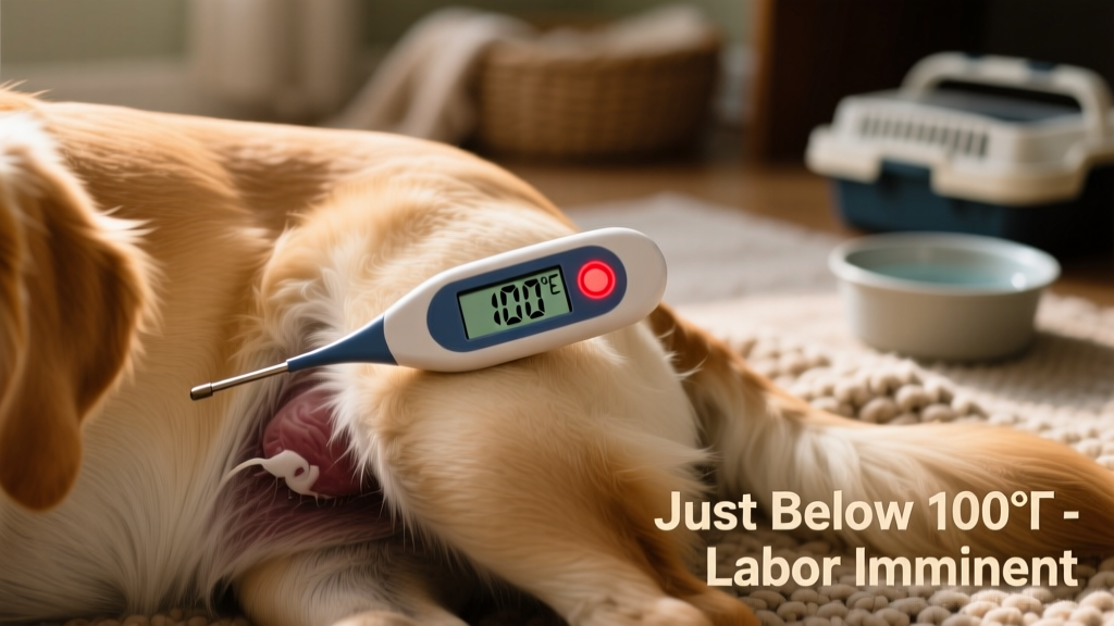 Close-up of a dog’s rectal thermometer showing a reading just below 100°F, indicating imminent labor