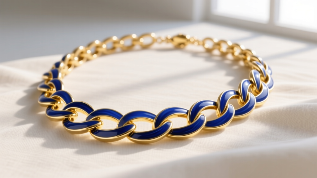 Vibrant 18k yellow gold Jane Wynn necklace with cobalt blue vitreous enamel links draped elegantly over a neutral linen backdrop.