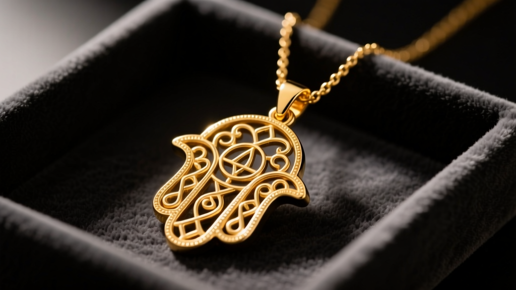 Close-up of an 18k gold Hamsa pendant necklace resting on a dark velvet tray, illuminated by warm directional studio lighting