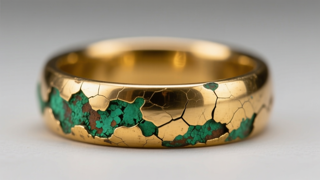 Macro photo of a tarnished gold plated brass ring showing green copper oxidation bleeding through micro-fissures in the gold layer