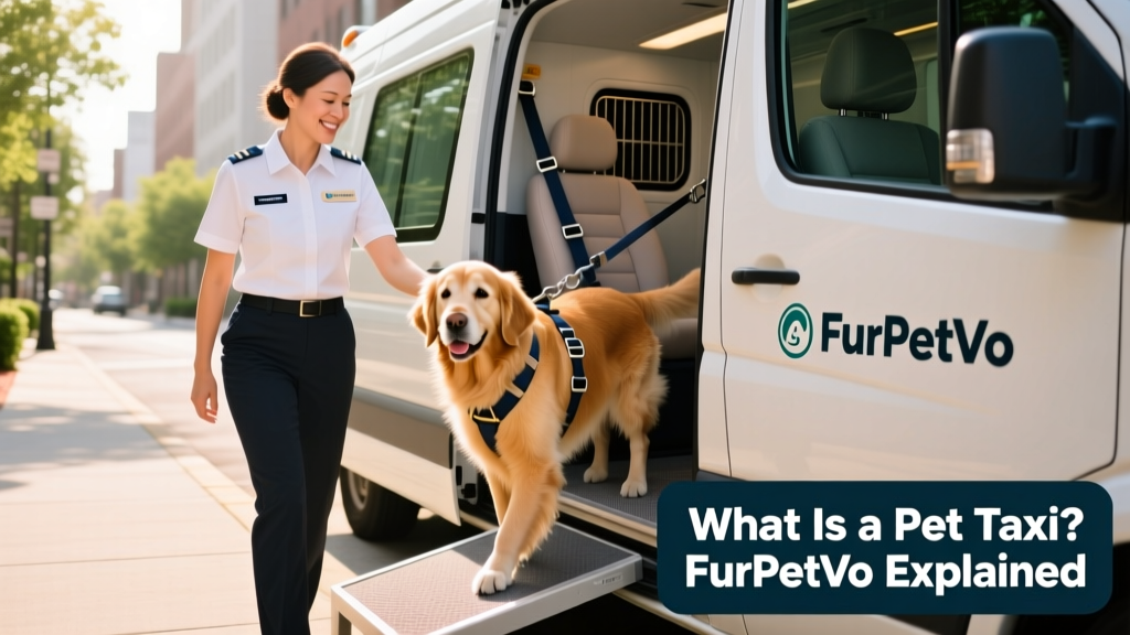 A friendly, certified FurPetVo driver helping a calm golden retriever enter a clean, climate-controlled vehicle with safety restraints visible