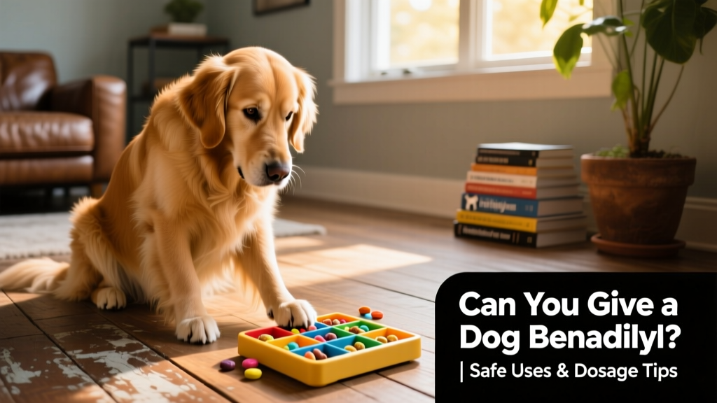 A golden retriever calmly interacting with a puzzle toy filled with treats, showing focused engagement