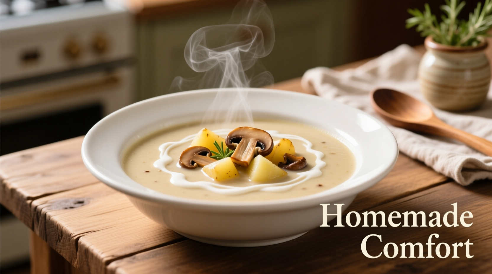 Creamy mushroom and potato soup in white bowl