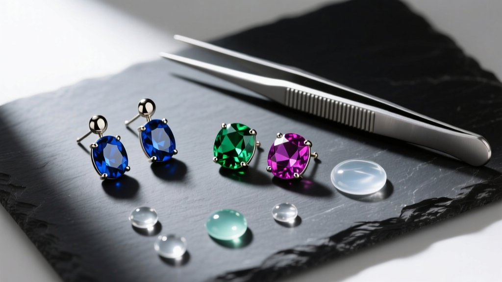 Flat lay of titanium earring posts, gemstone cabs, precision tweezers, and clear epoxy on a dark slate jewelry making desk