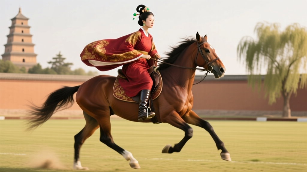 Tang Dynasty mural depicting a female courtier in a round-collared hufu robe and leather boots playing polo on horseback