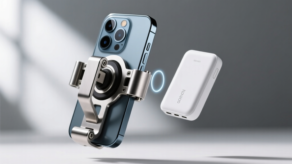 Close-up of a modular smartphone camera grip with a detached magnetic power bank, highlighting its durable metal hinges.