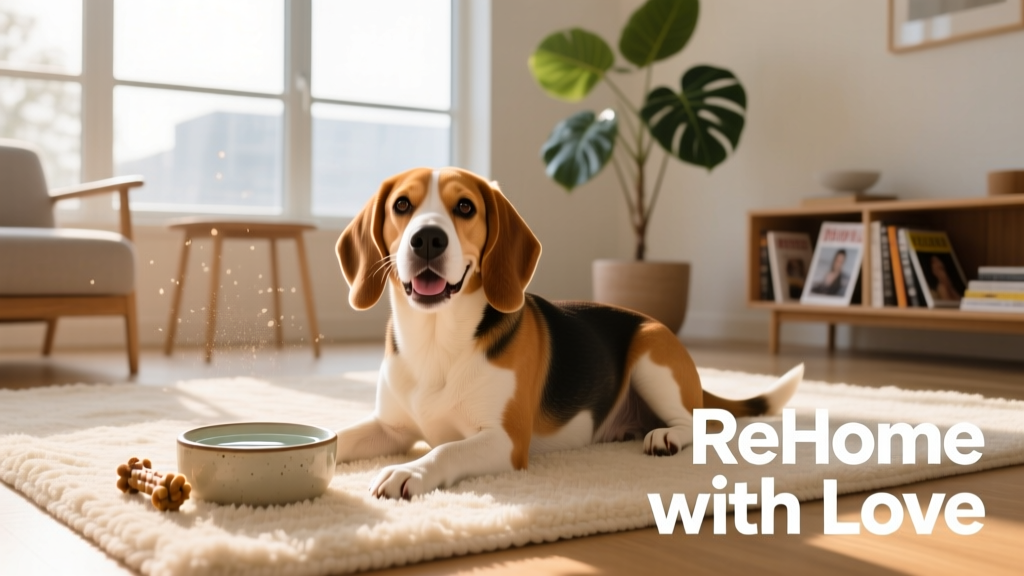 A smiling Beagle resting comfortably on a soft rug next to a water bowl and chew toy in a sunny living room
